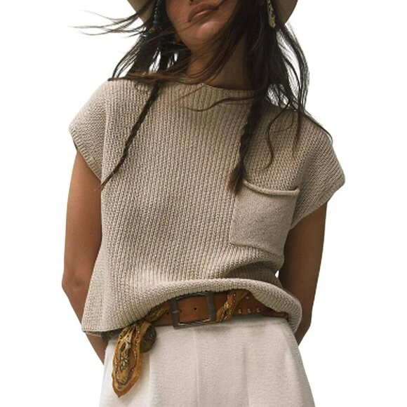 Sweaters - Women's Apricot Sleeveless Knitted Sweater Vest Casual Tank with Front Pocket